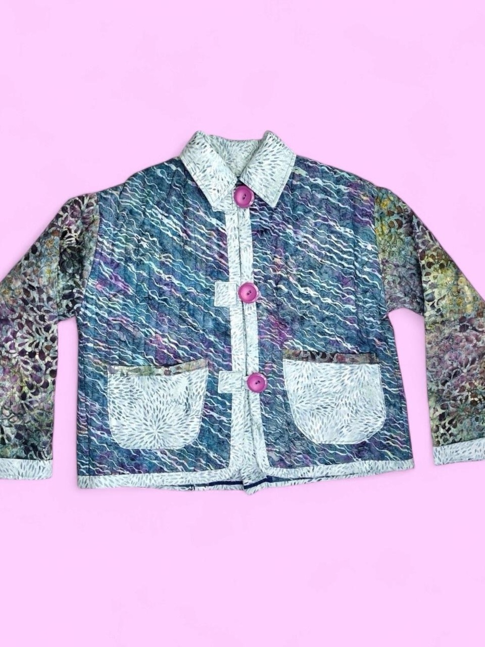 Vintage Kids Unisex SZ (S/M) Blue Batik Quilted Patchwork Jacket